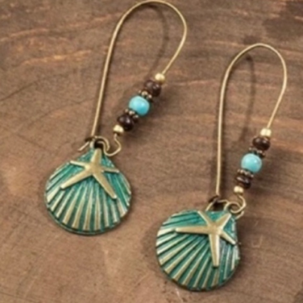 Boho Starfish Shell Beaded Dangle Drop Wire Earri… - image 1